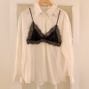 Pushbutton White & Black Lace Bralette Shirt